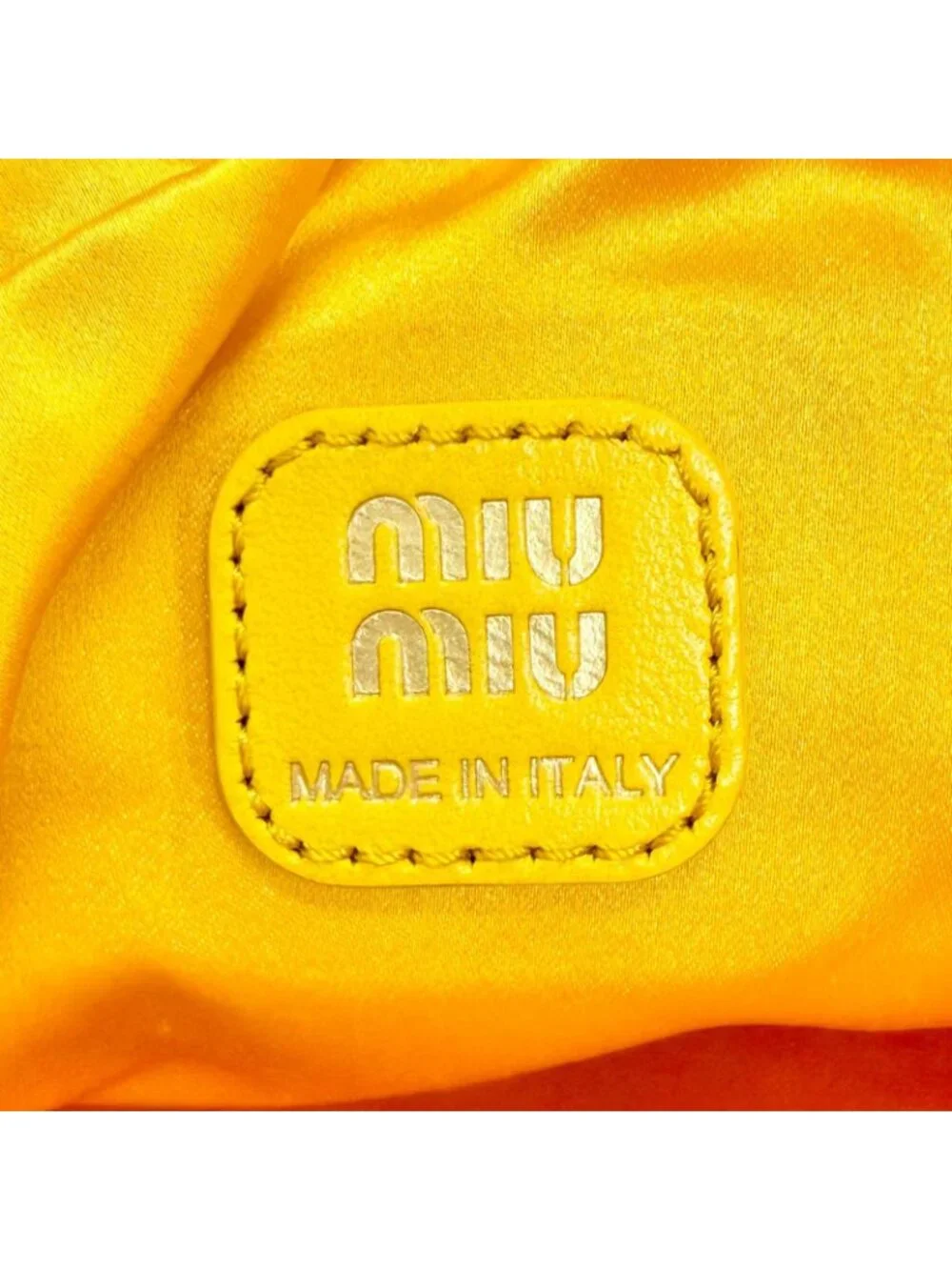 Miu Miu Duchess Drawstring Pouch Satin Silk Logo Mini Bag Yellow